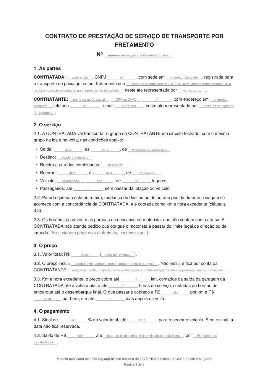 Primeira página do modelo de contrato de fretamento: as partes, o serviço com saída, destino, roteiro, retorno, veículo e passageiros, o preço com km e hora excedente e o pagamento com sinal, cada campo com uma linha para preencher