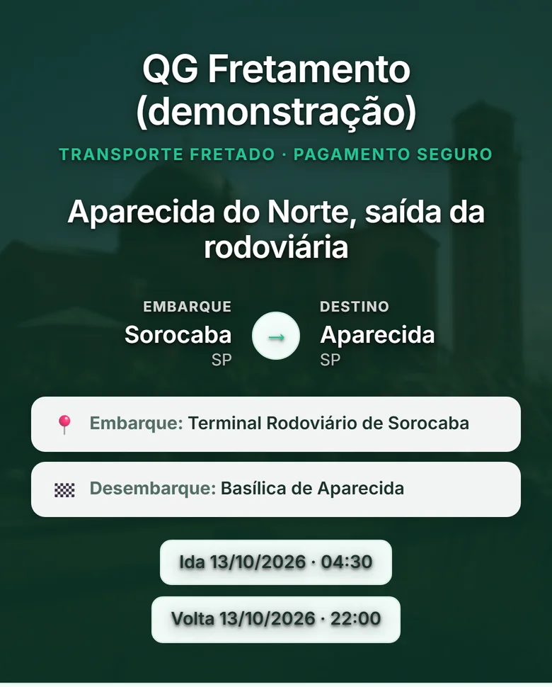 O topo do link da excursão no celular: o nome da empresa, o título da viagem, embarque em Sorocaba, destino Aparecida, e as datas de ida e volta