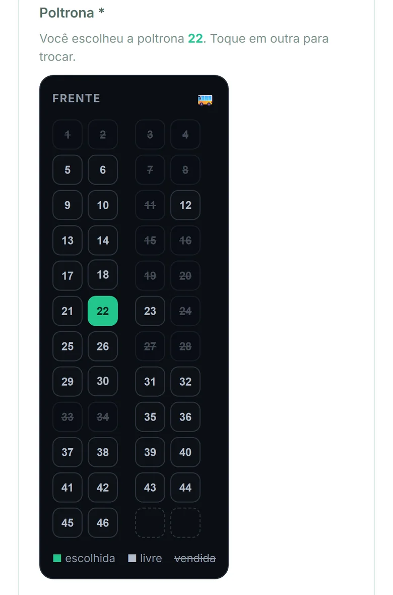 O link da excursão aberto no celular: o passageiro escolheu a poltrona 22 no mapa de um ônibus de 46 lugares, e as poltronas já vendidas aparecem riscadas